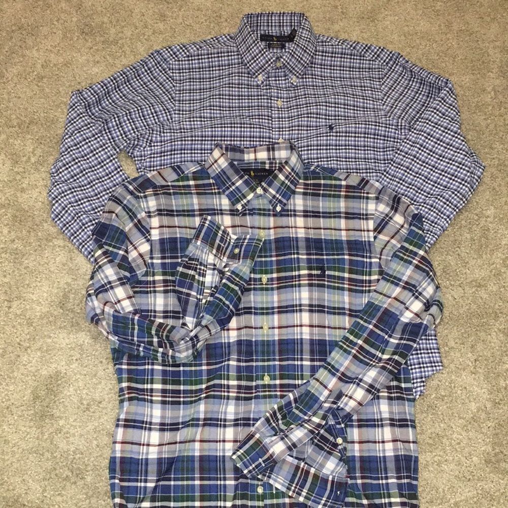 2-Polo Ralph Lauren Blue White & Green check plaid performance travel shirt L